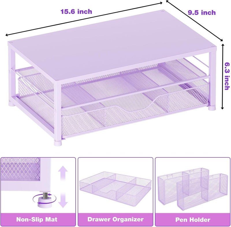OPNICE Desk Organizers and Accessories, 2-Tier Computer Monitor Stand Riser with Drawer and 2 Pen Holders, Laptop Stand, Office Desk Accessories & Office Decor for Women, Purple - Image 3